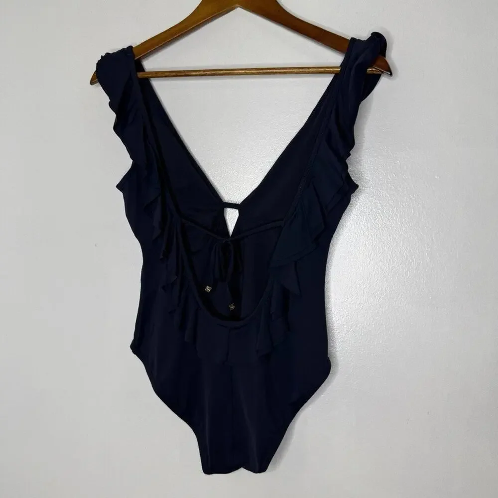 Michael Kors One Piece Swimsuit Size 8 Blue Ruffle Front V Neck Classic Chic